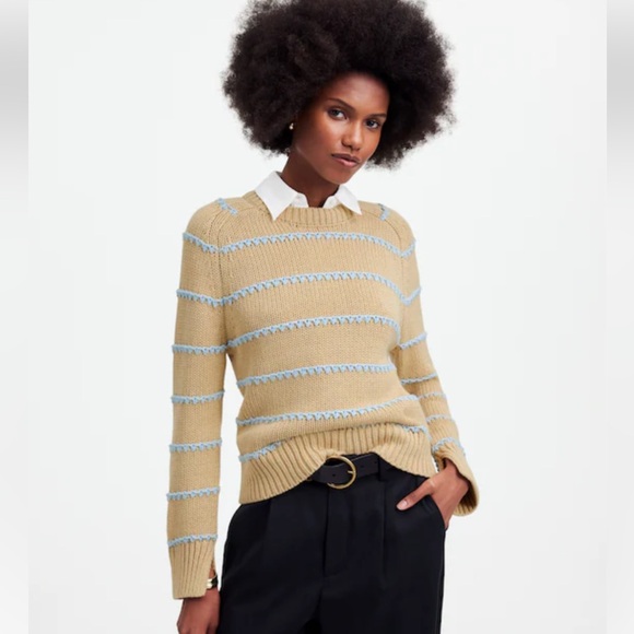 MADEWELL TEXTURED COTTON CREWNECK SWEATER IN STRIPE, PALE BLUE, SIZE XS, - Picture 3 of 16